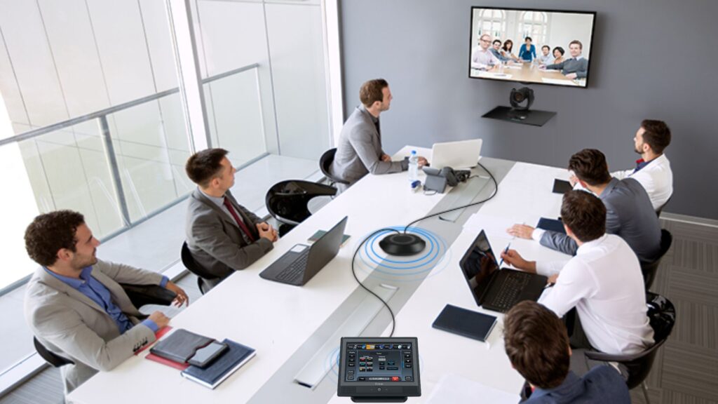 Illustration of AV Integration setup with modern audio and visual equipment in a corporate meeting room for seamless communication and collaboration.